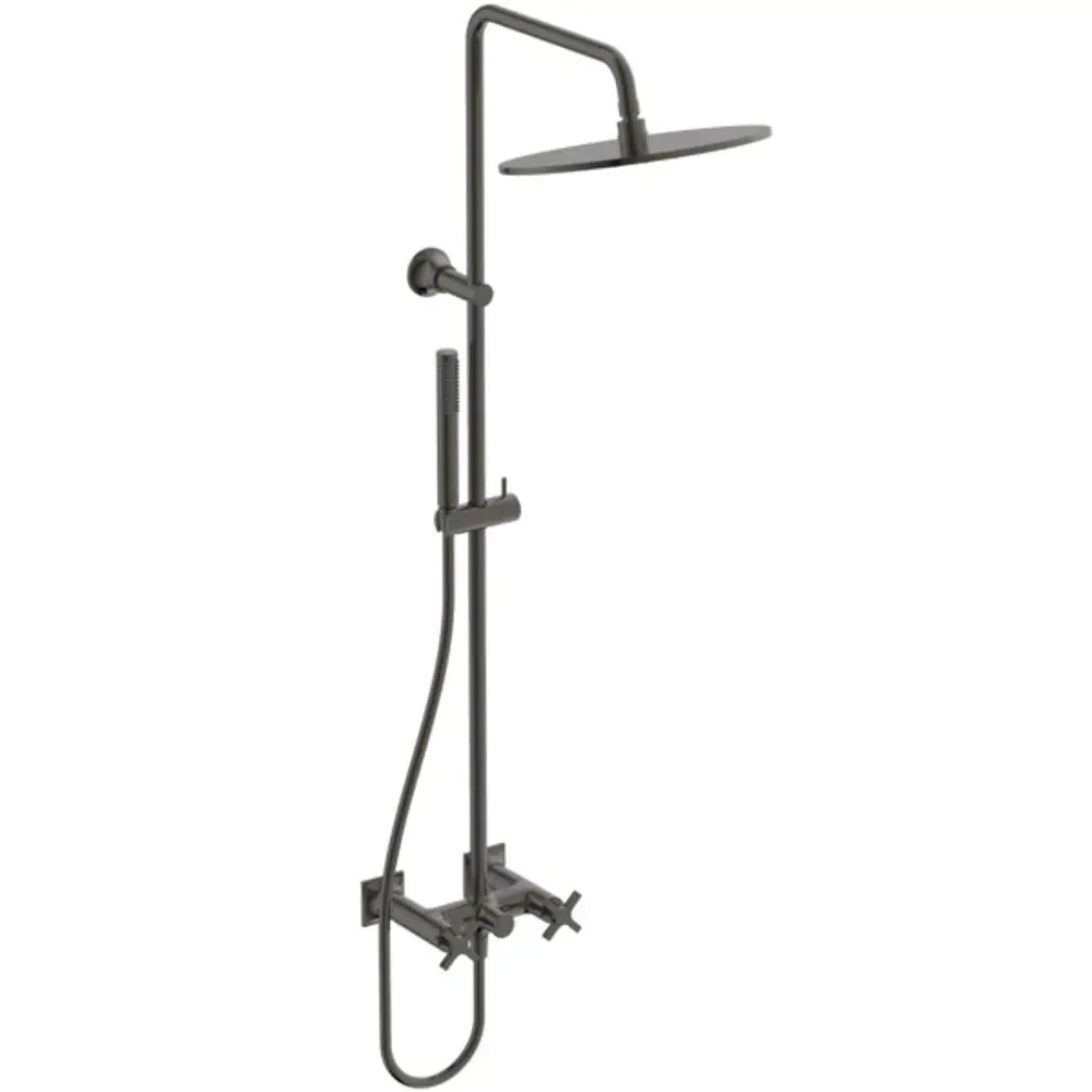 Duschsystem von Ideal Standard mit Brausearmatur, Kreuzgriffen und Handbrause in einem dunklen Grauton. Die Montage erfolgt an der Wand.